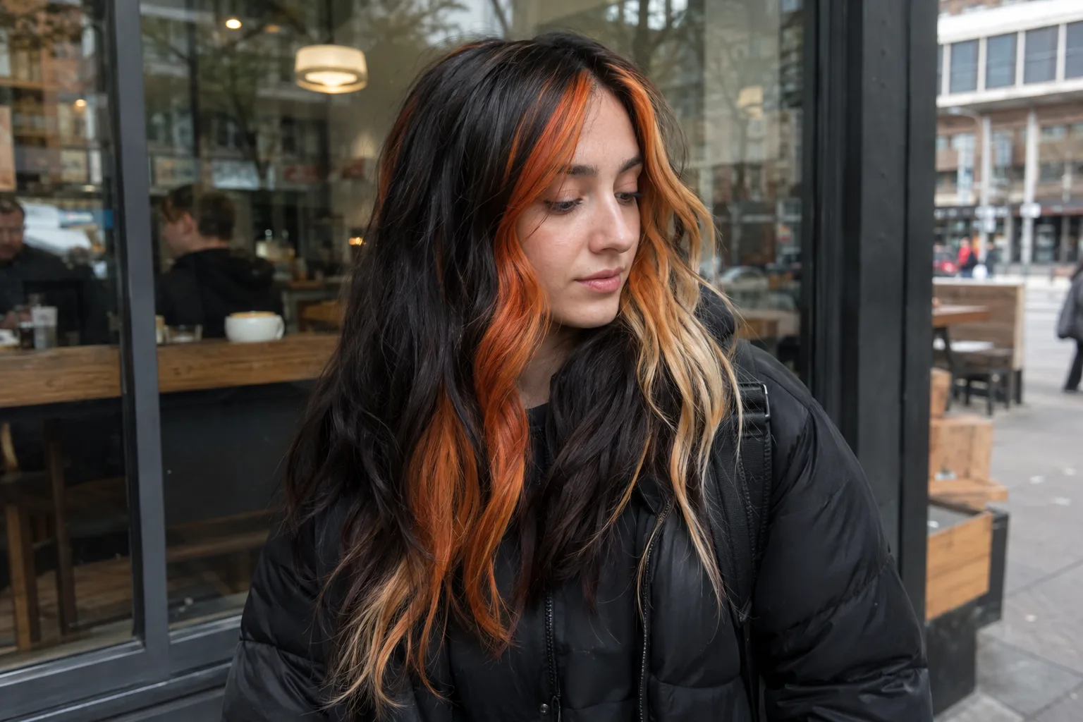Woman with long wavy hair outside a cafe, dark base with a wide copper ribbon down the front and pale blonde through the ends