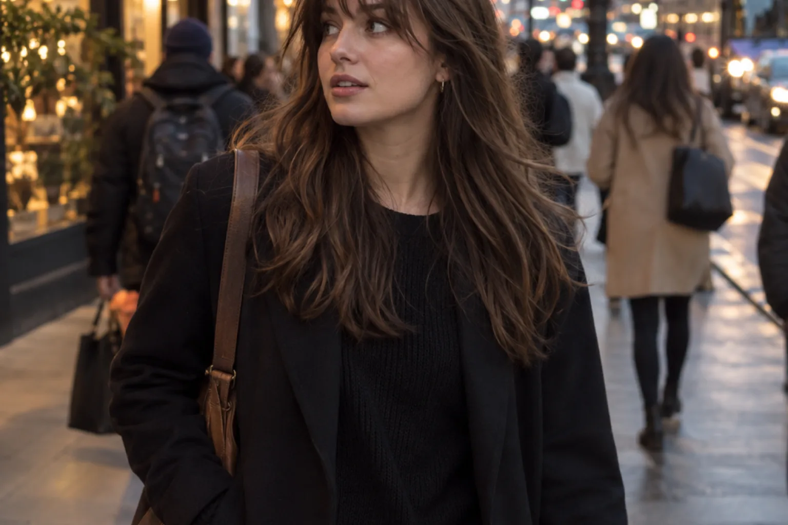 Woman with mid brown hair on a city street at dusk, her long messy bangs falling in separated pieces across her forehead