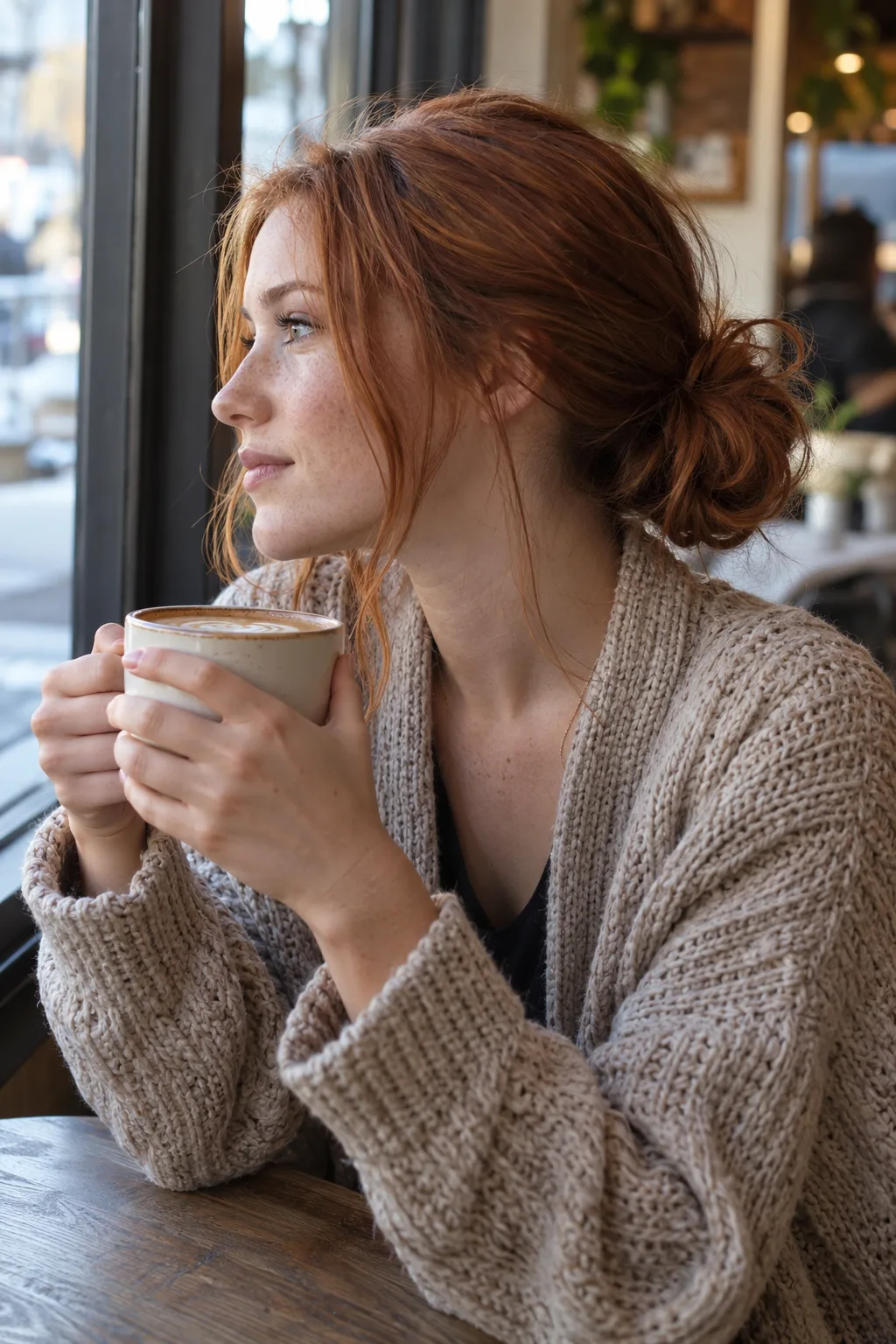 Woman with red hair in a low messy bun at the nape, holding a coffee by a cafe window, side profile