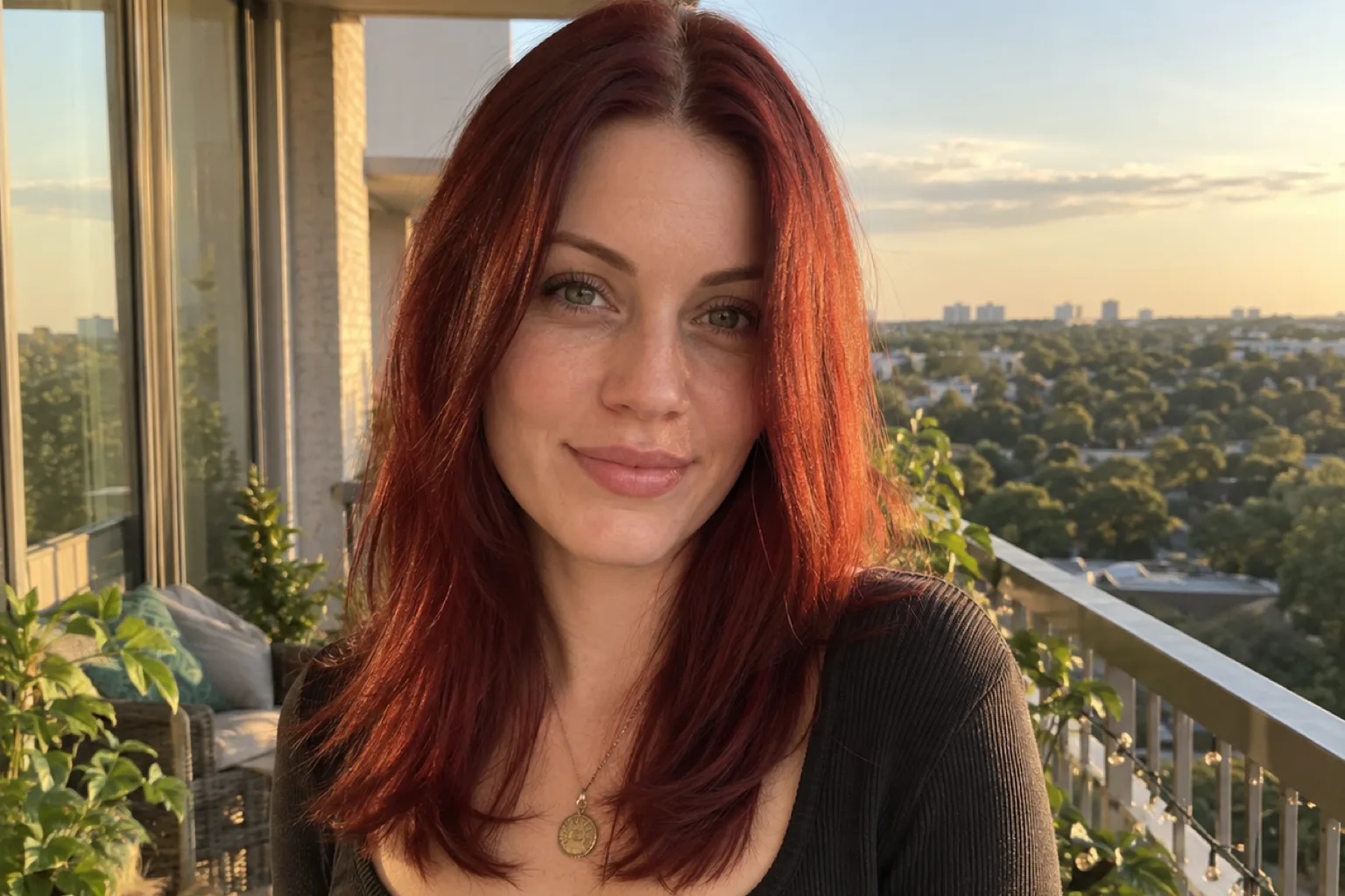 Woman with shoulder-length deep cherry red hair on an apartment balcony in late afternoon sun