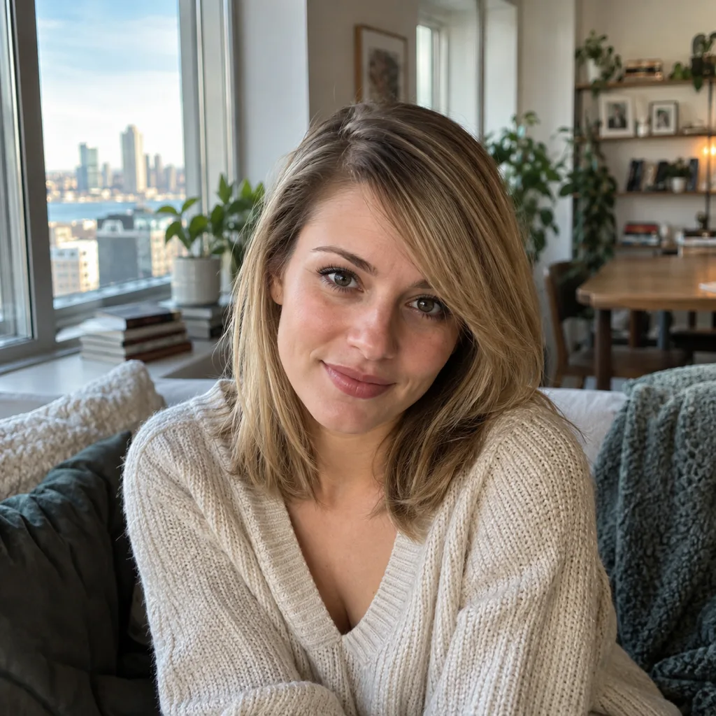 Woman with shoulder-length dirty blonde hair, a deep side part and a side bang swept across to her cheekbone