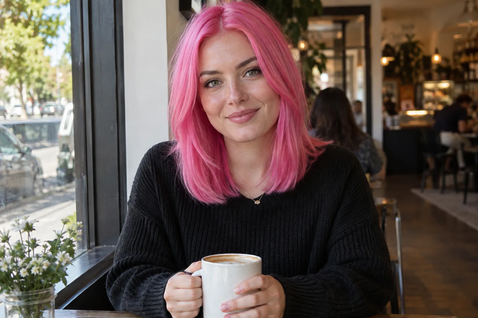 Woman with shoulder-length hot pink hair sitting by a cafe window holding a coffee cup