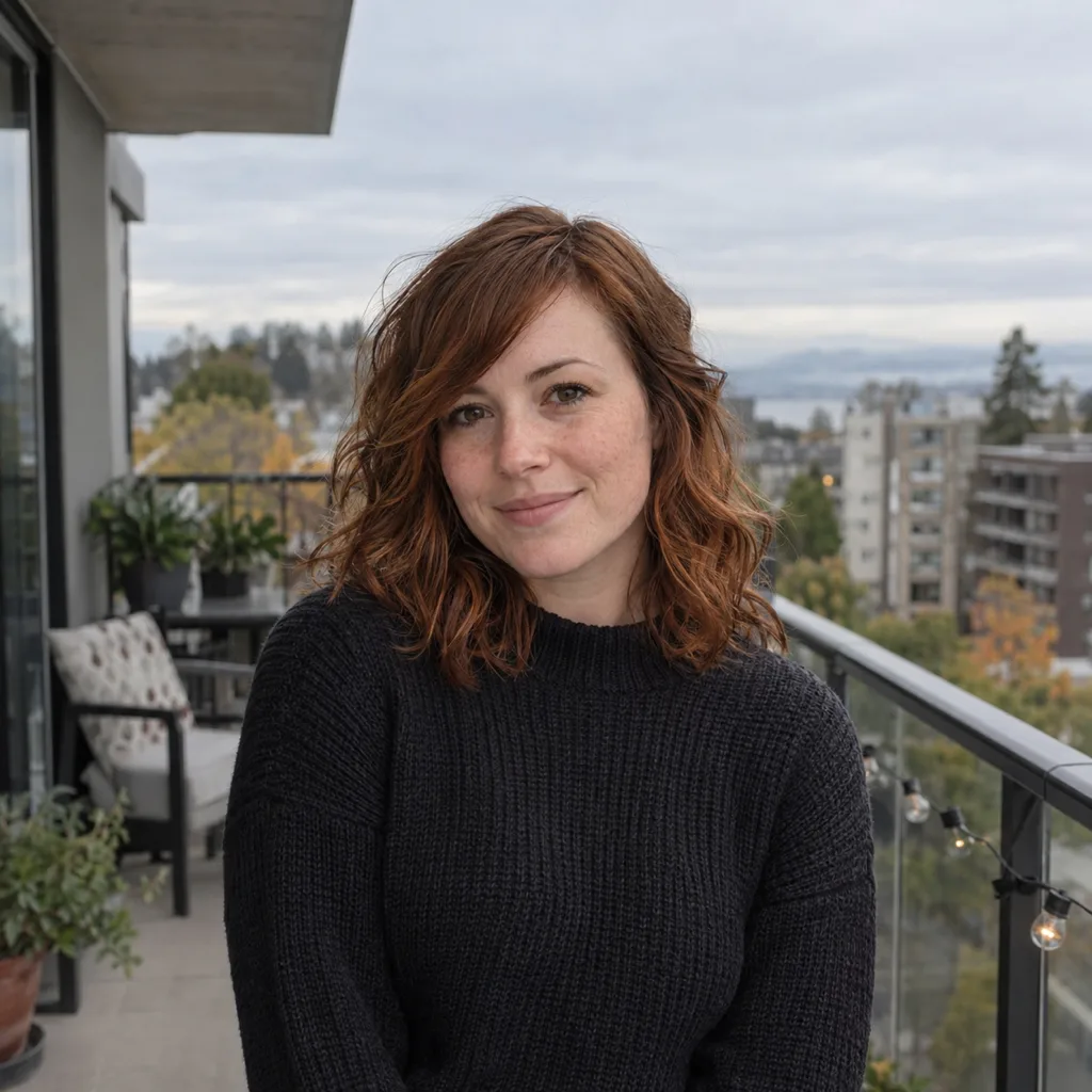 Woman with shoulder-length wavy auburn hair and a soft wavy side bang from a side part, on a balcony