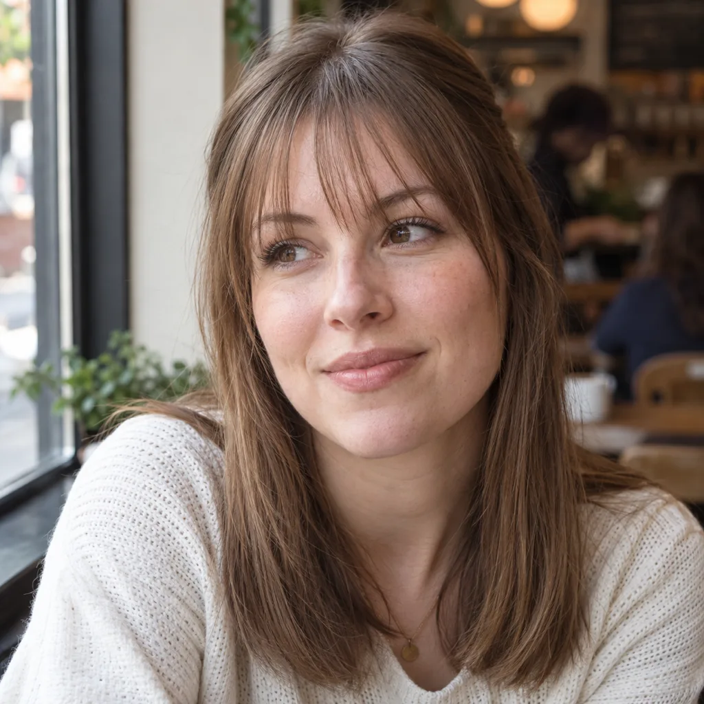 Woman with straight light brown shoulder-length hair at a cafe window, sparse wispy bangs falling at her brows with forehead visible between the strands