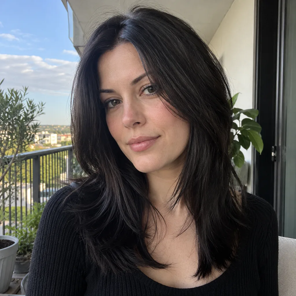 Woman with thick black straight hair cut with internal layers on a balcony