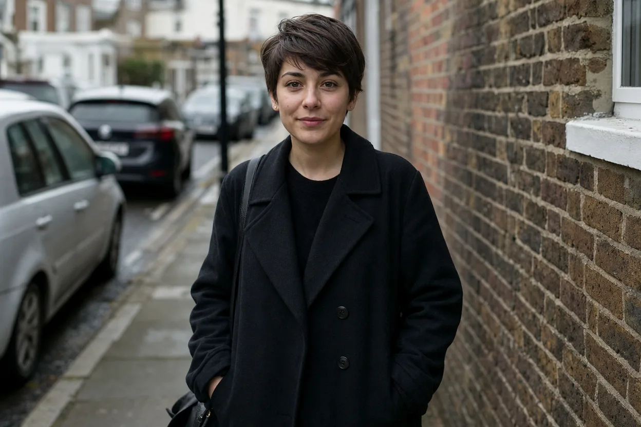 Woman with thick dark brown hair on a city sidewalk, her long pixie cut lying flat and close to the head with a side-swept front