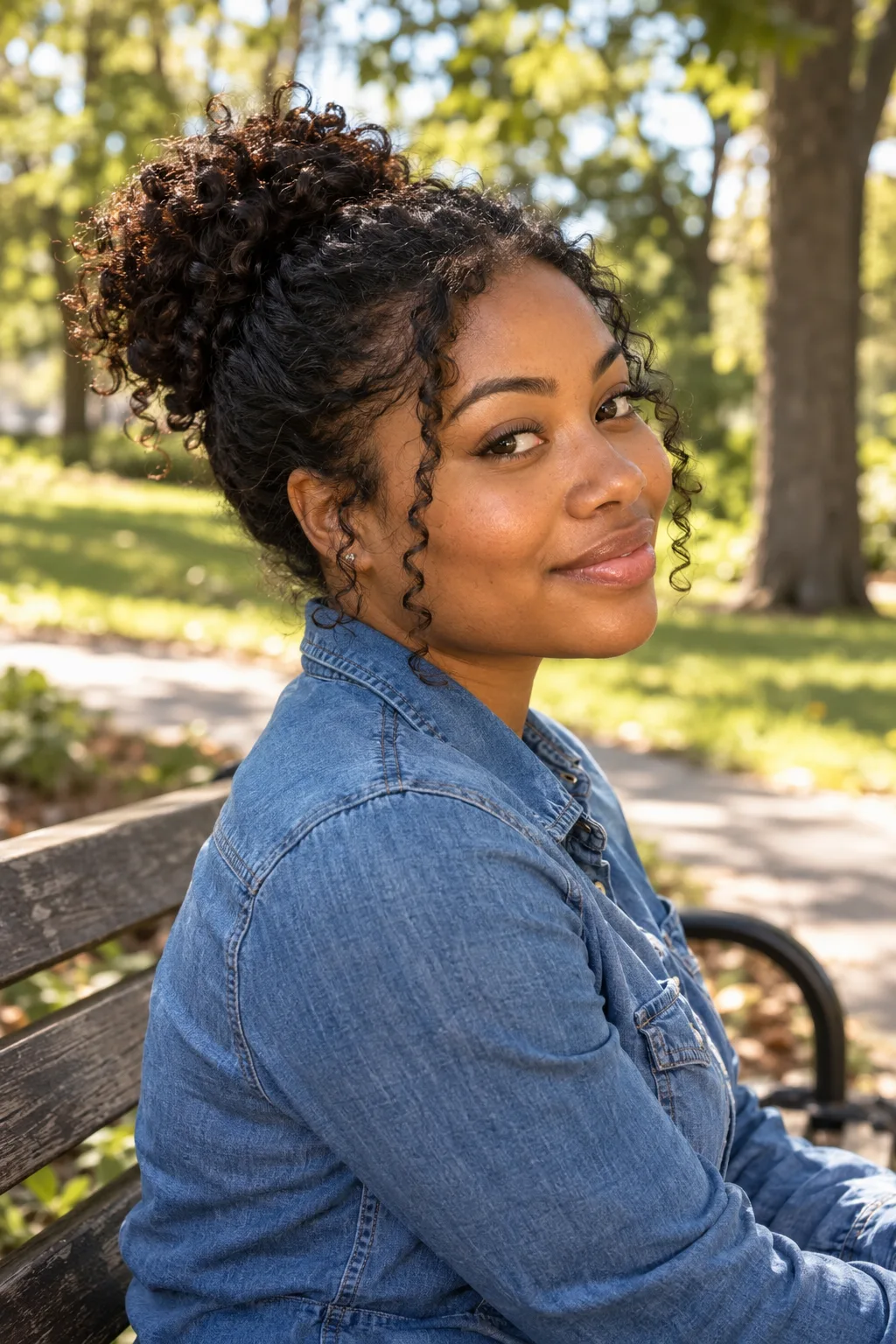 Woman with tight dark curls in a high curly bun with curls framing her face, sitting on a park bench