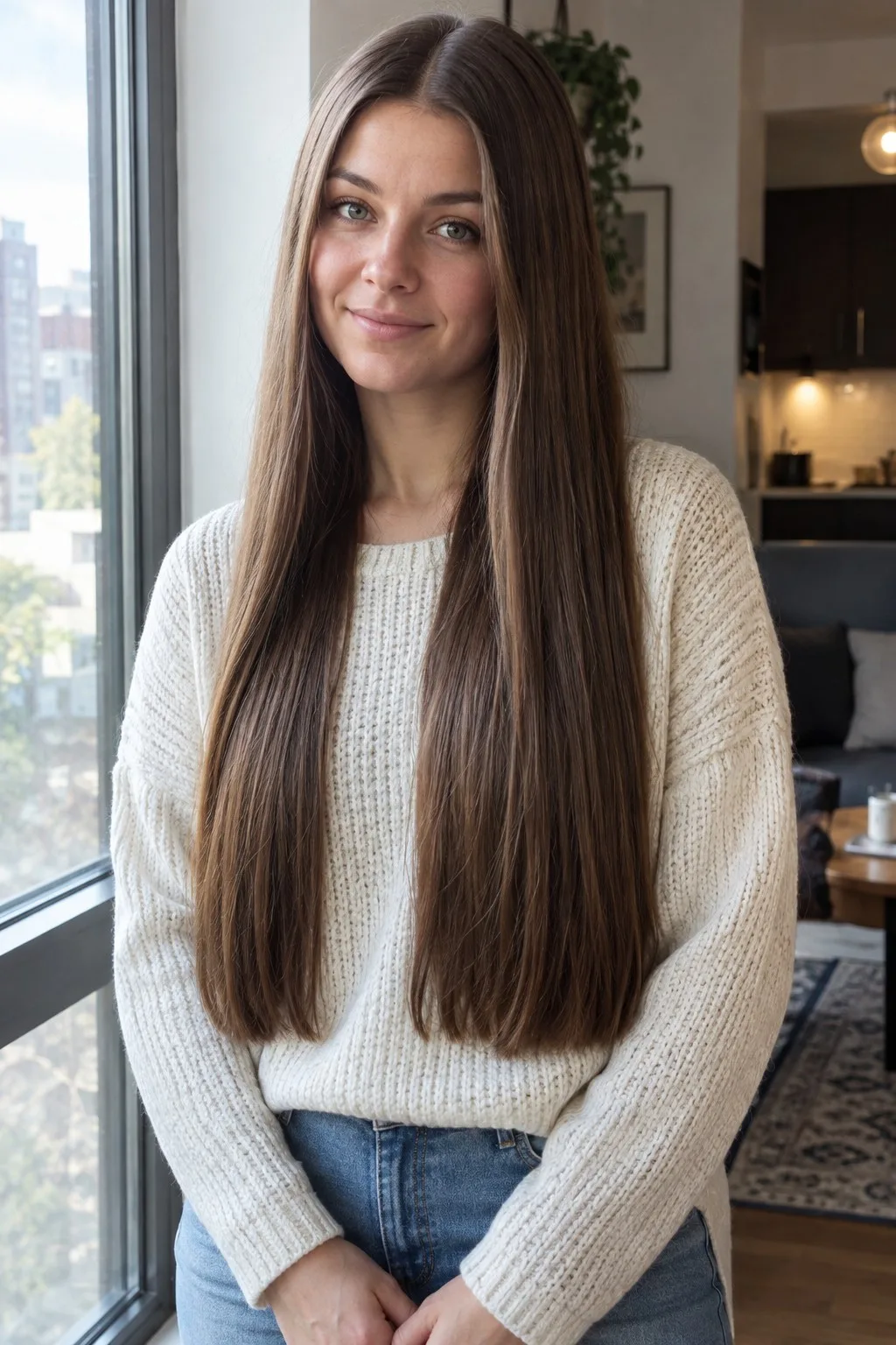 Woman with very long straight mid brown hair and a center part standing by an apartment window