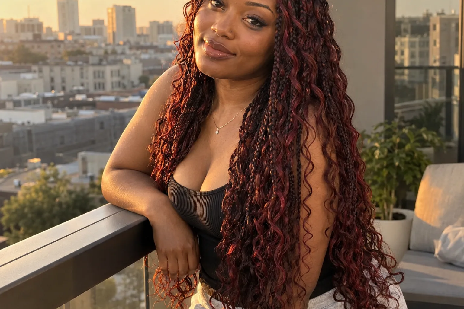Woman with waist length burgundy boho knotless braids with loose curly pieces on a city balcony