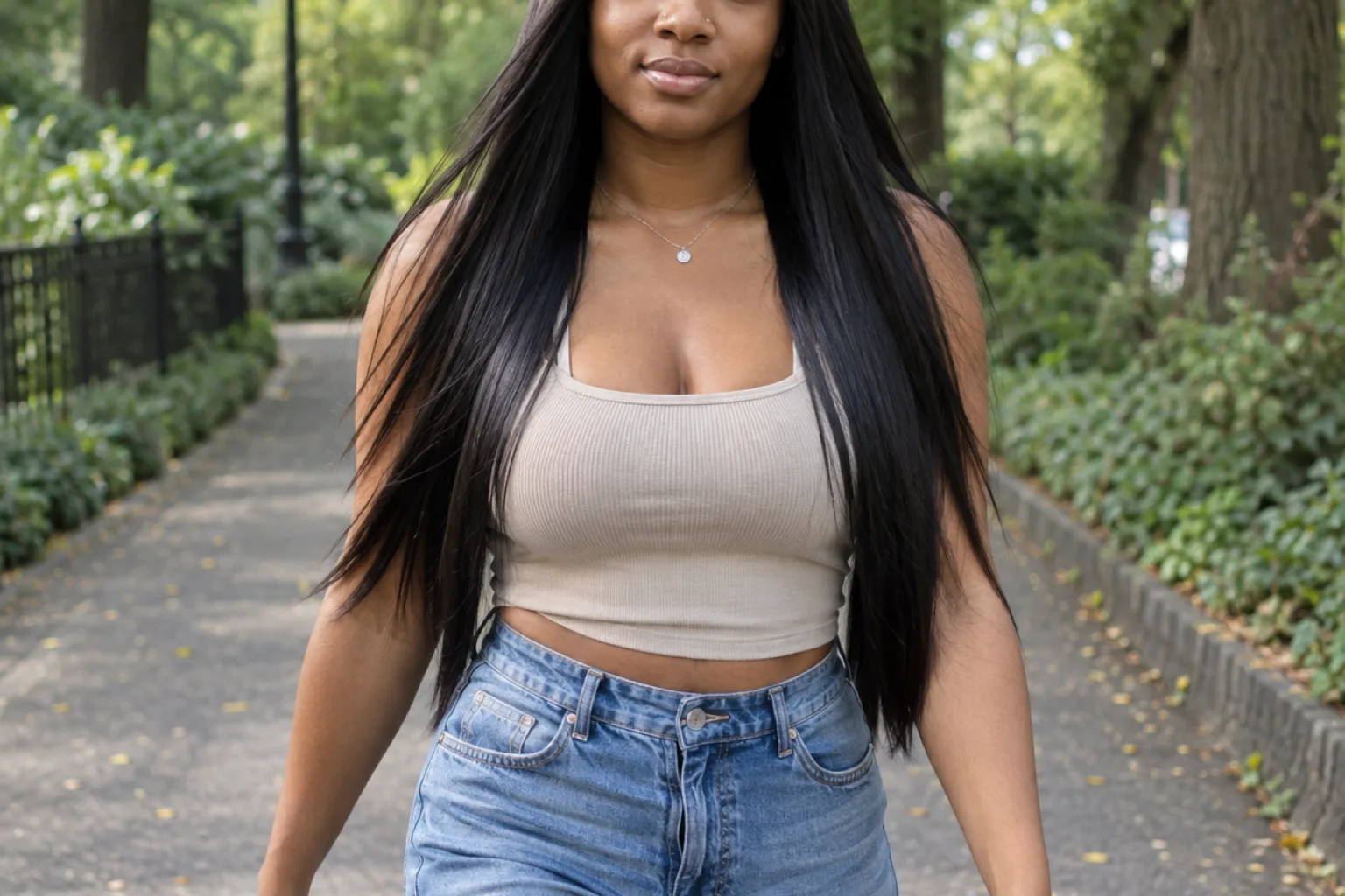 Woman with waist length jet black bone straight hair walking along a tree lined park path