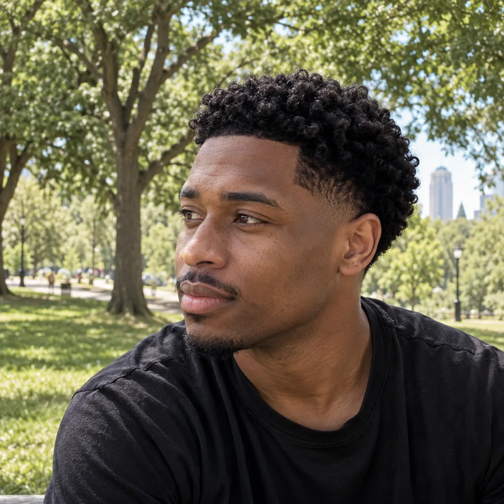 Young Black man in a city park with a curly top about three inches long and a low taper around the ears
