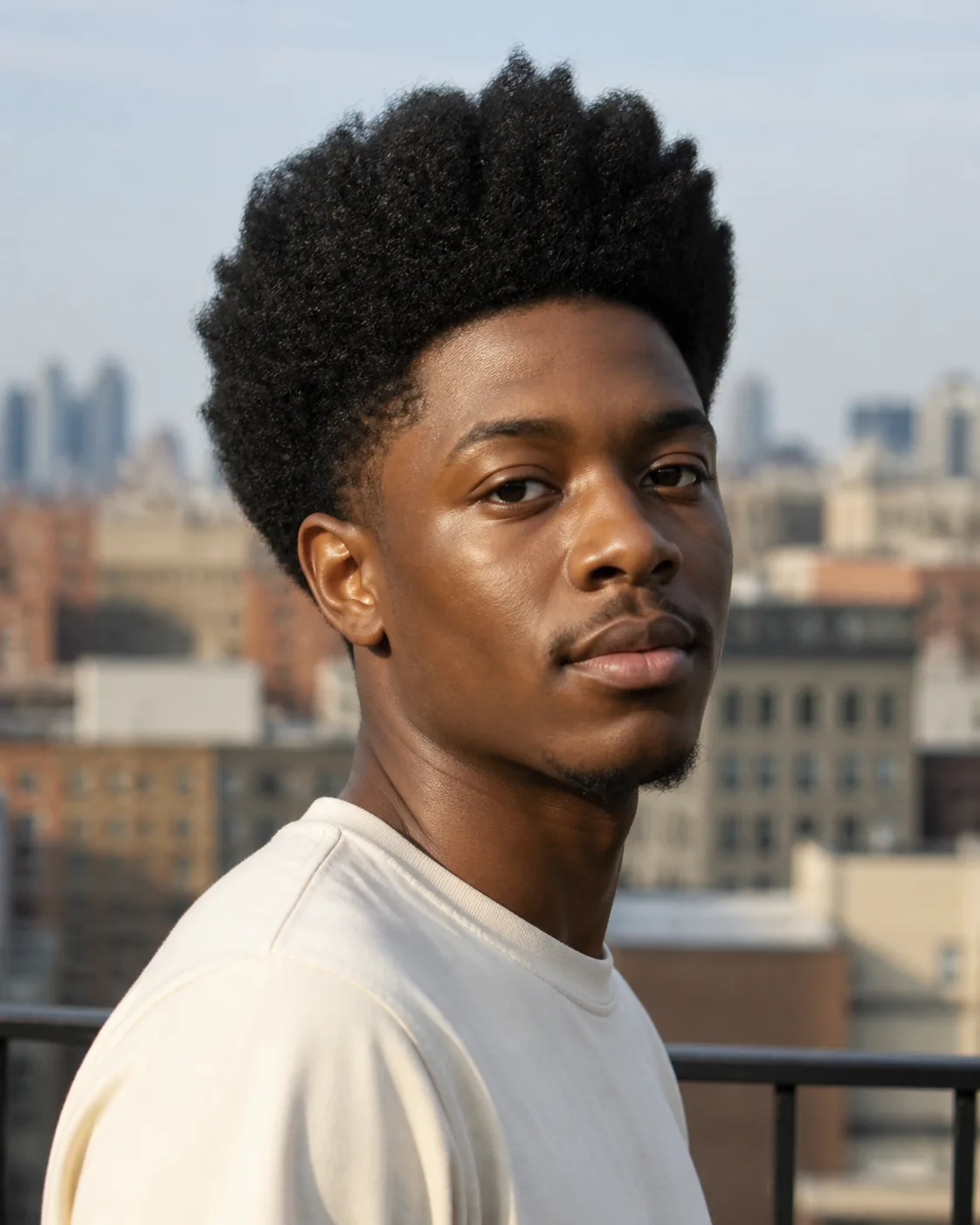 Young Black man on a rooftop with tightly coiled black hair picked out into a tall rounded shape, the sides tapered gradually with soft natural edges