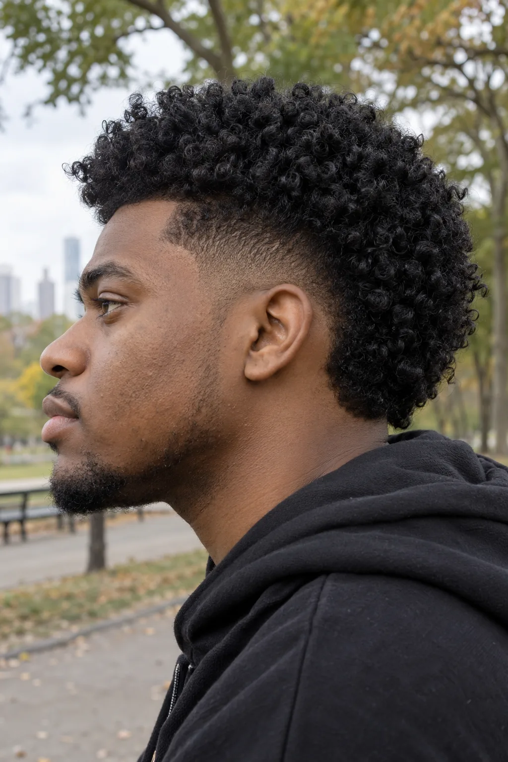Young Black man with tight black curls on top and at the back, and a burst fade around the ear, in a city park
