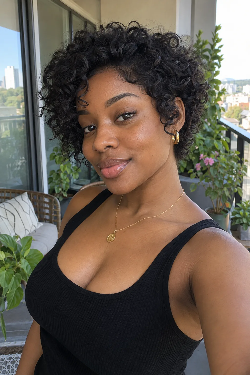Young Black woman on a balcony with a curly black bixie, longer defined curls on top and shorter at the sides