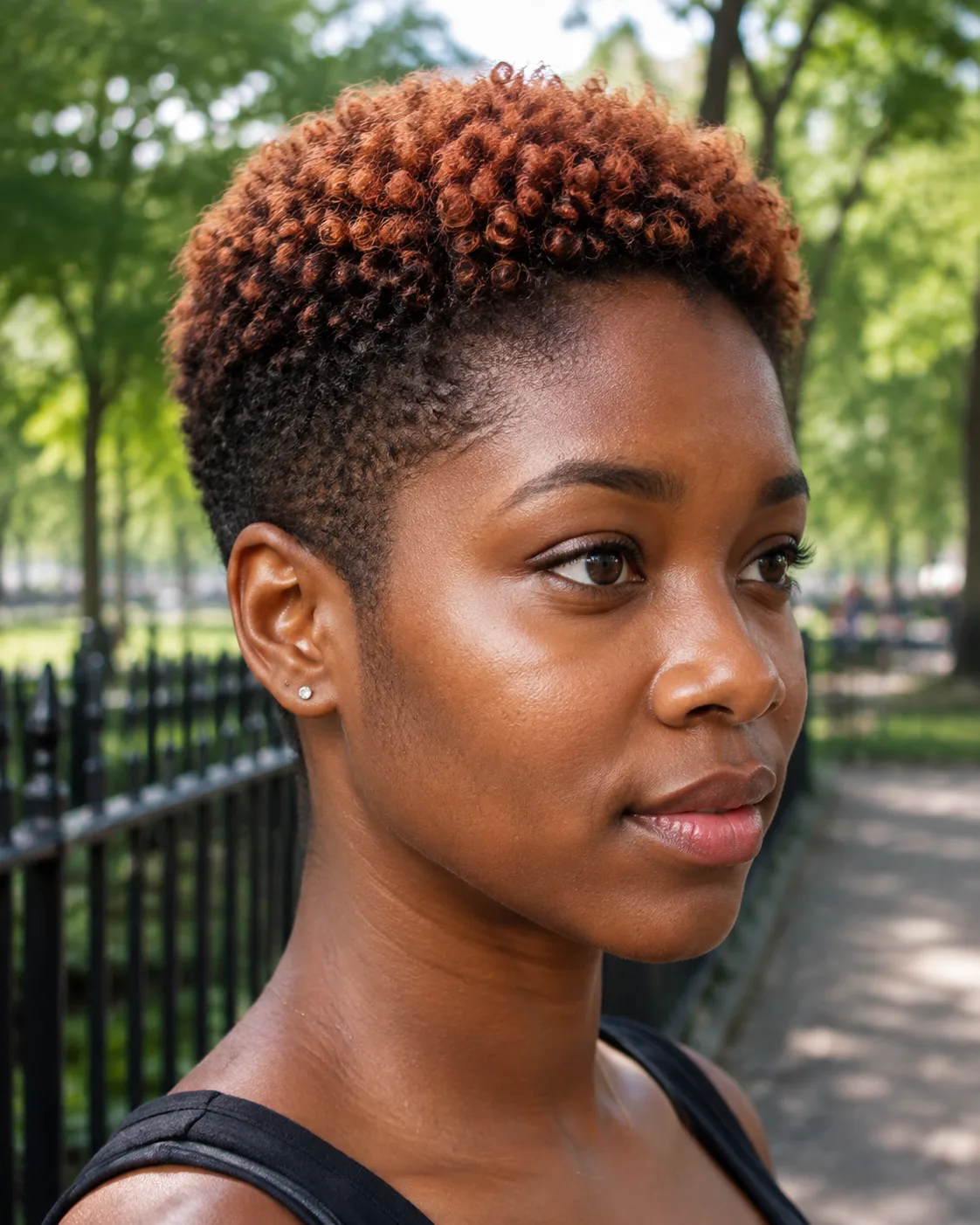 Young Black woman with a short tapered cut, copper coils on top fading to black tapered sides, in a park