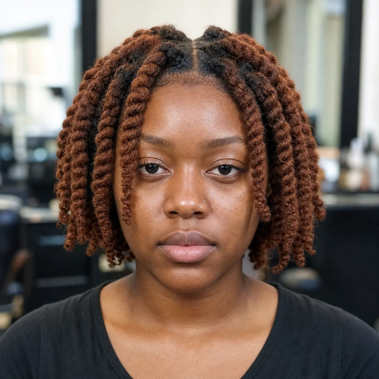 Young Black woman with chunky copper two-strand twists in a chin-length bob