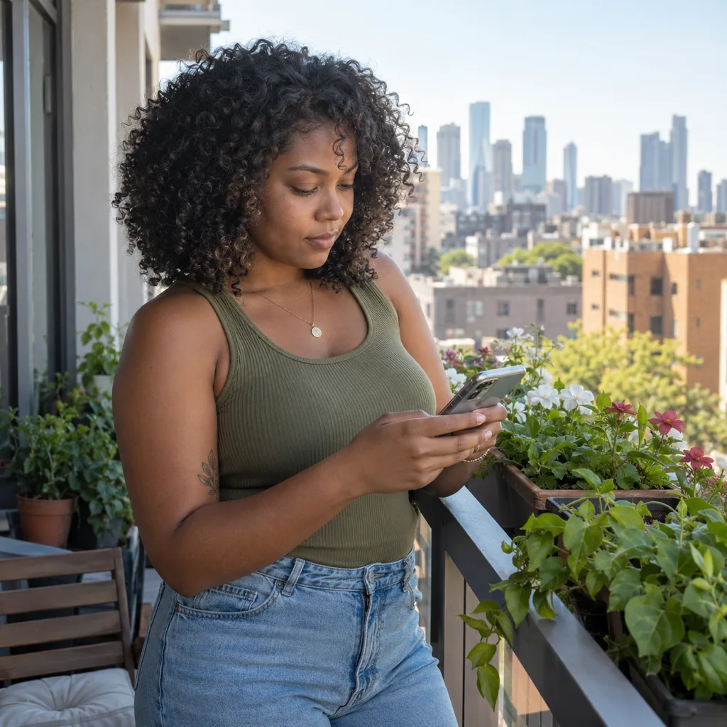 Young Black woman with shoulder-length curly hair on a city balcony looking at her phone