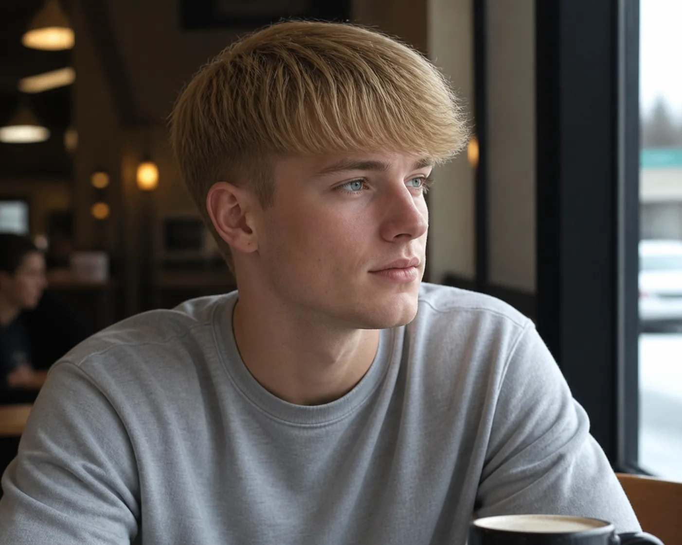 Young blonde man at a cafe window with dead straight hair cut to about three inches and dried forward into a rounded blunt fringe above the brows