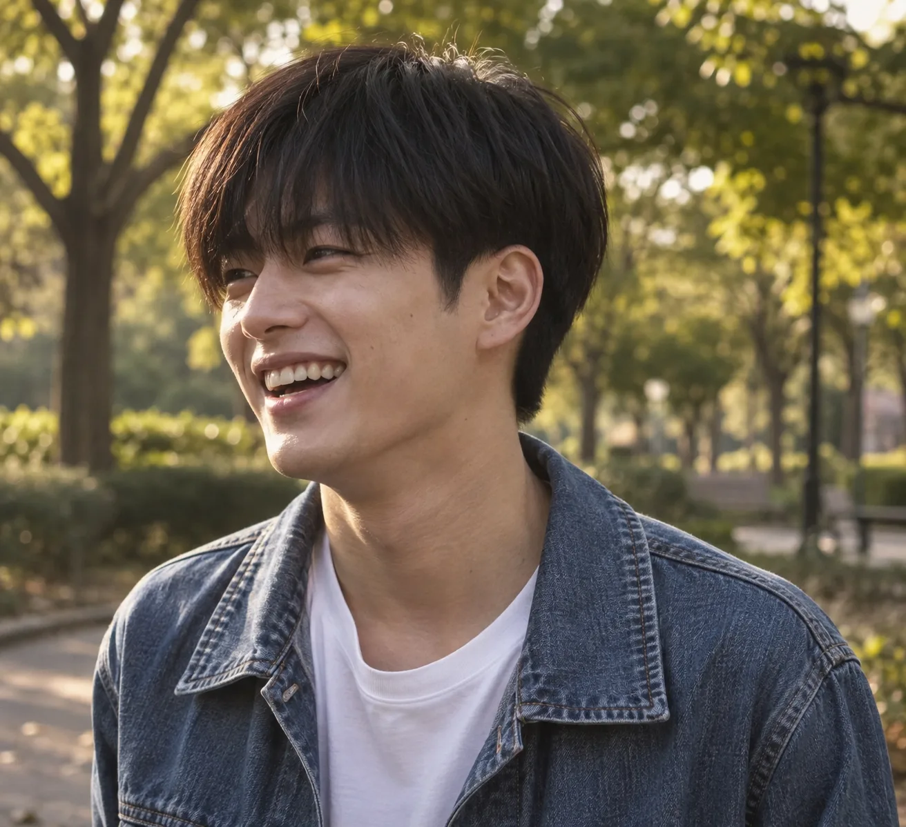 Young East Asian man laughing in a park, with thick straight very dark brown hair in a two-block cut with a full fringe