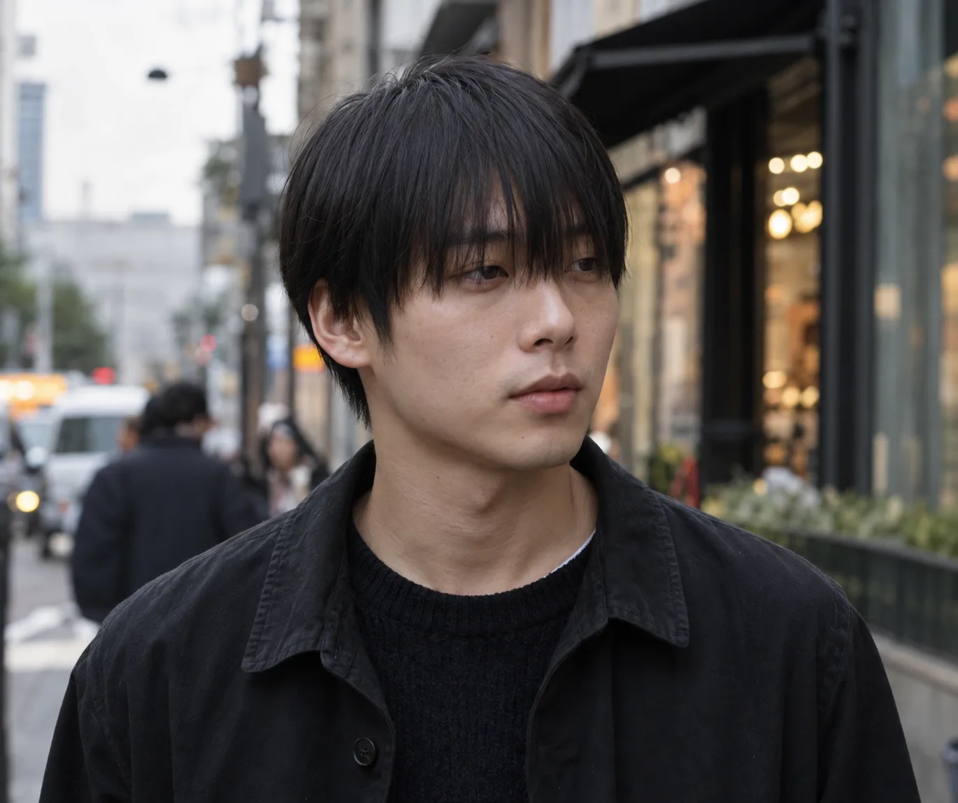 Young East Asian man on a city street with straight black hair lying flat on top and hanging over his forehead as a plain fringe