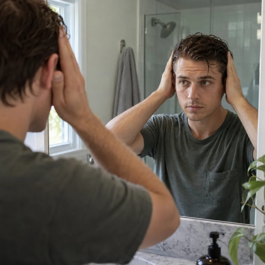 Young man at a bathroom mirror pressing his damp hair flat against the sides of his head