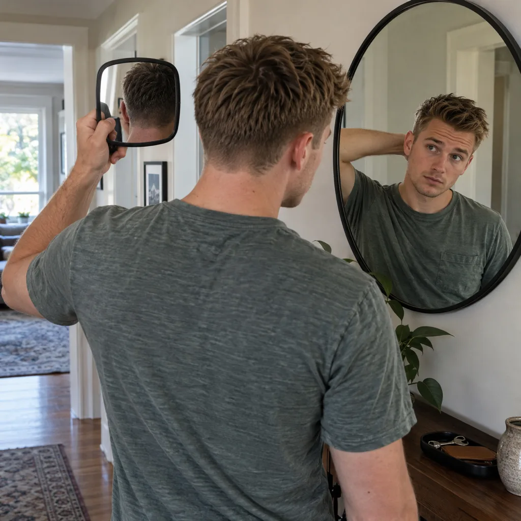 Young man holding a hand mirror behind his head to check the back of his haircut in a wall mirror