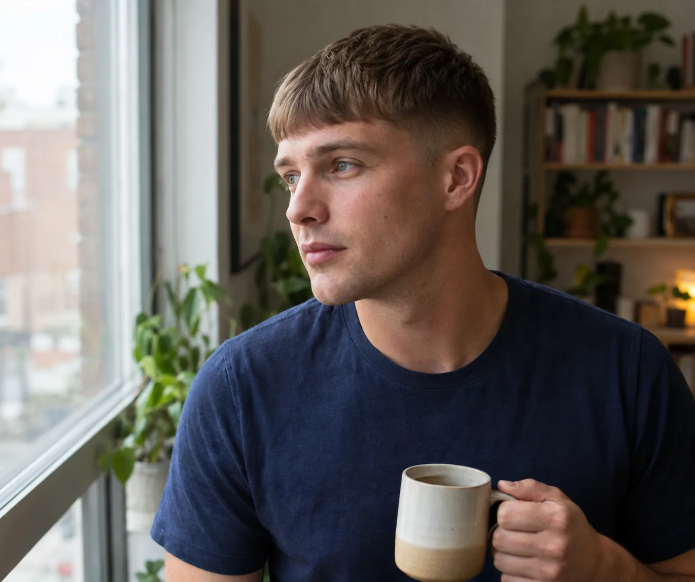 Young man holding a mug by an apartment window, with light brown hair in a French crop whose short fringe covers the temples