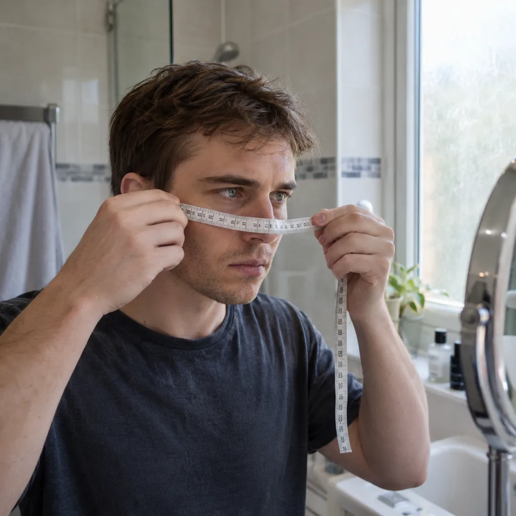 Young man holding a tailor's tape measure across his face at a bathroom window