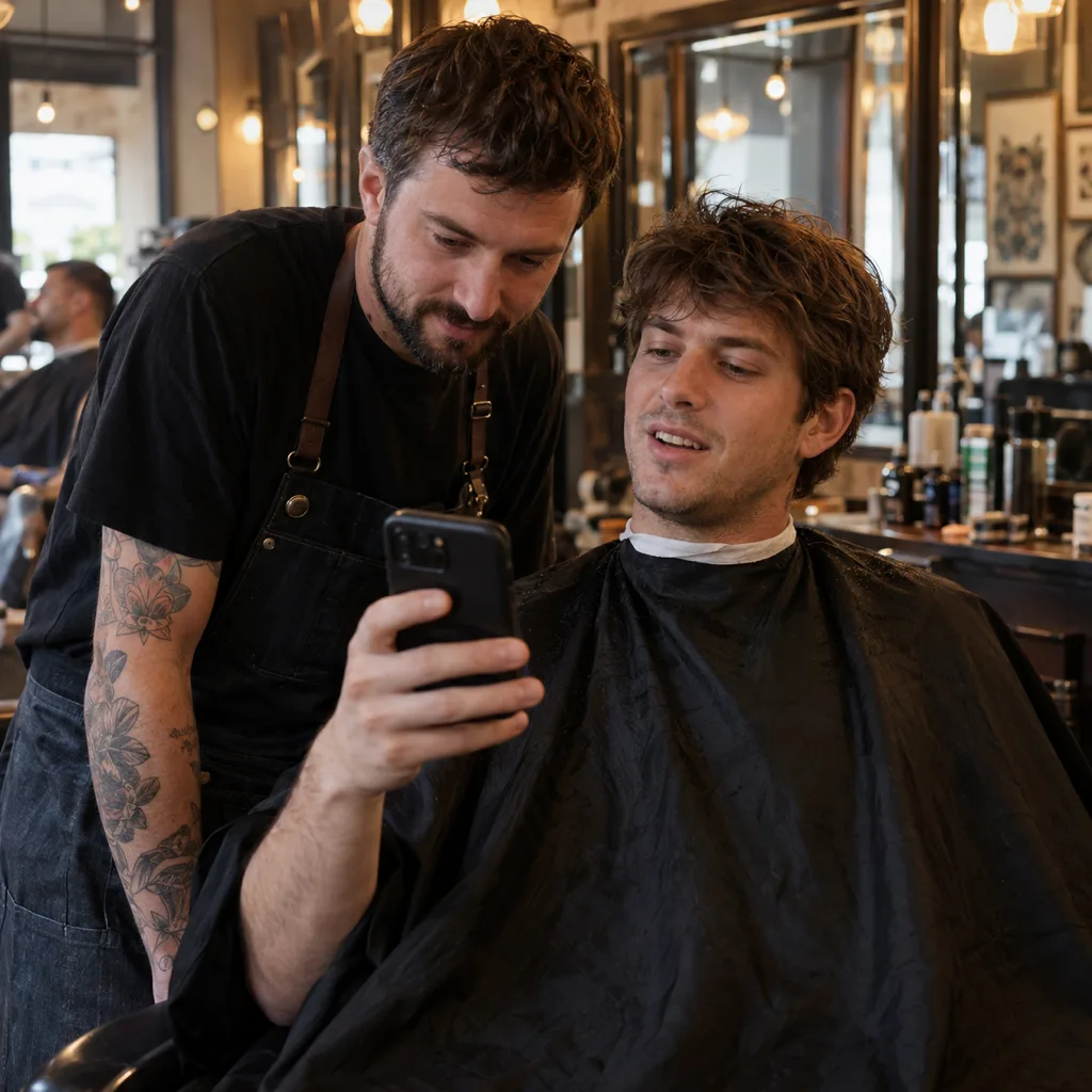Young man in a barber chair showing his barber a photo on his phone