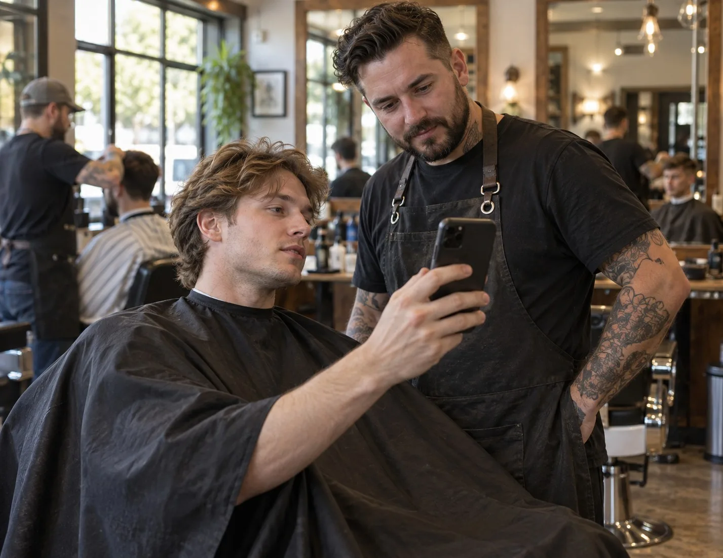 Young man in a barber chair showing his barber a reference picture on his phone