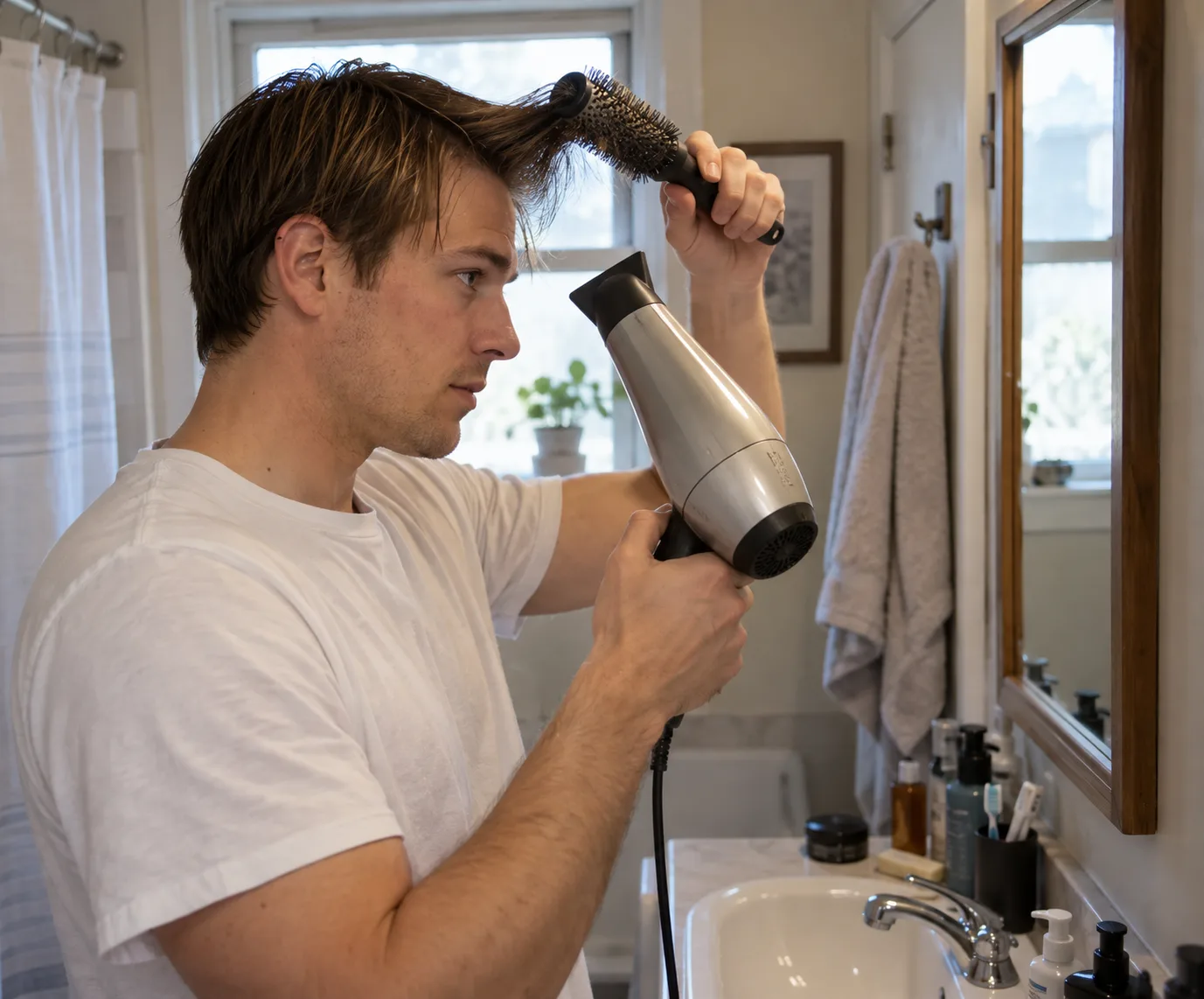 Young man in a bathroom lifting the front of his damp brown hair with a round brush while aiming a hair dryer up at the roots