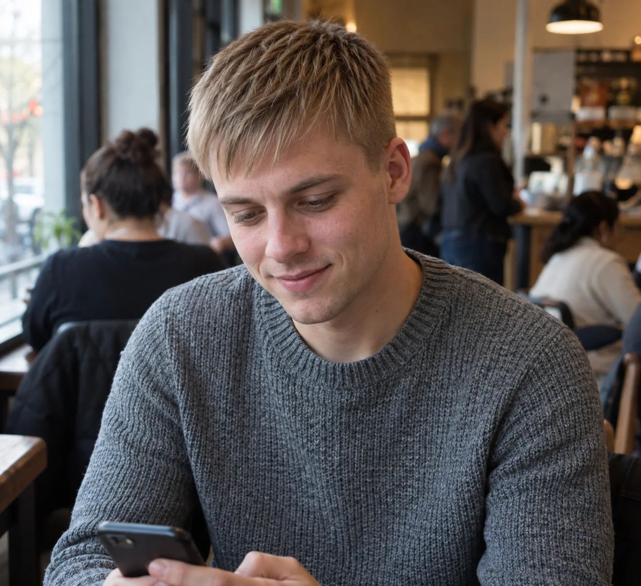 Young man in a cafe looking at his phone, with fine sandy blonde hair in a short choppy textured crop