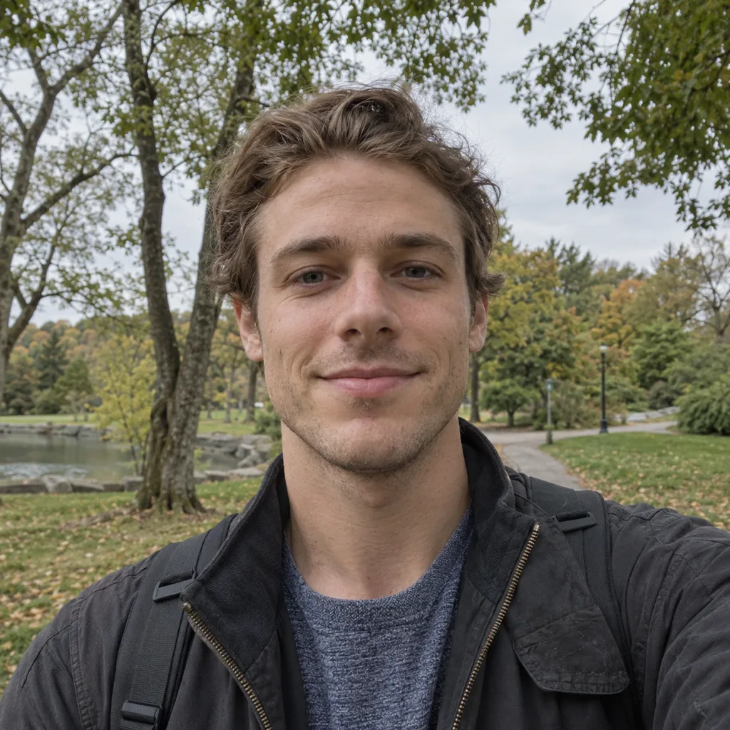 Young man in a park taking a straight-on selfie at arm's length