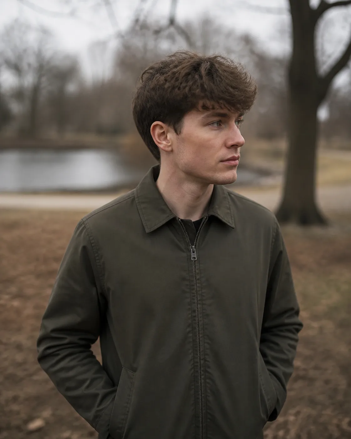 Young man in an olive jacket in a bare winter park, chestnut hair in loose open waves about four inches long with a textured fringe at the brow and soft tapered sides