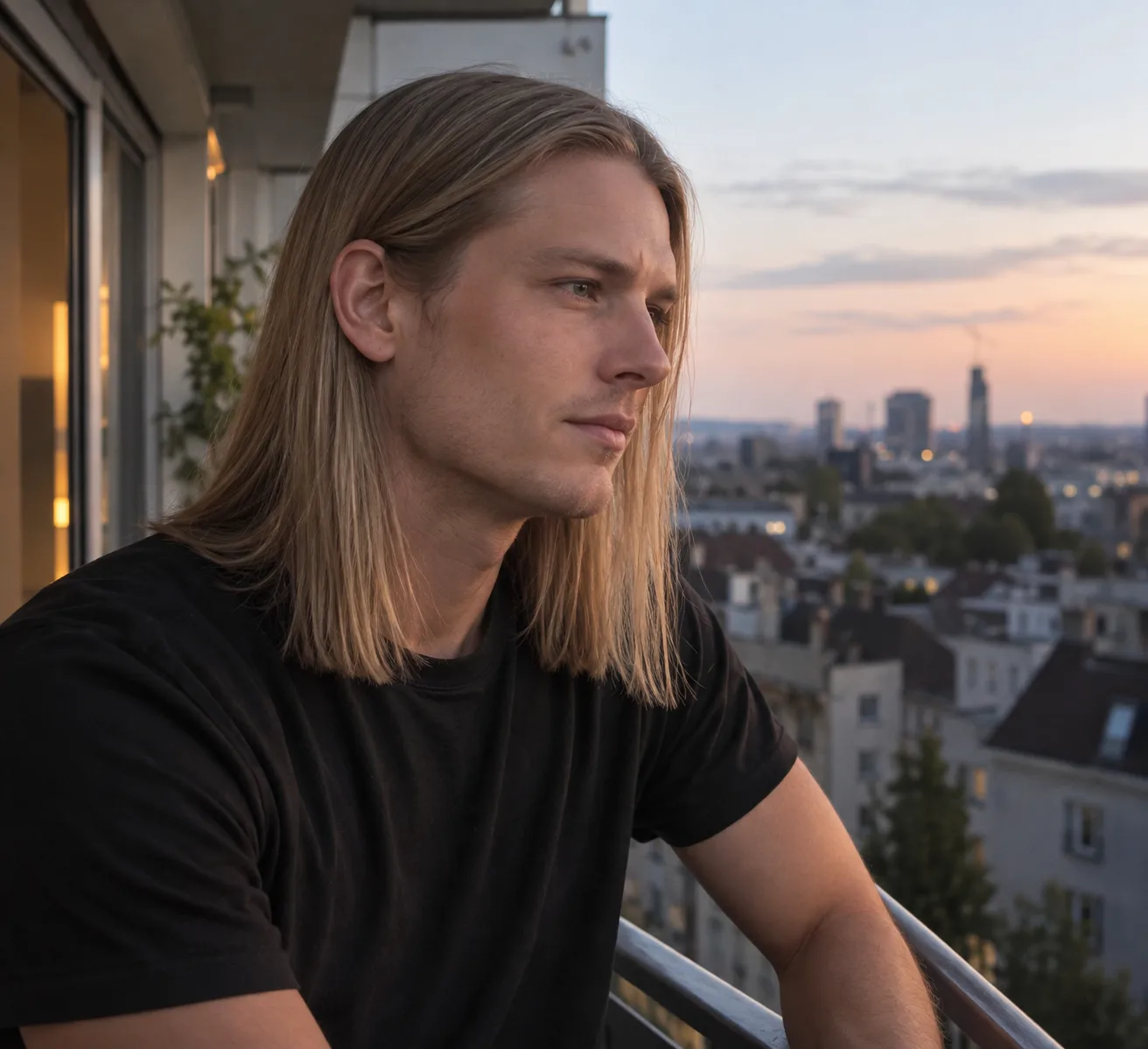 Young man on a balcony at dusk with straight blonde hair hanging to his shoulders with blunt ends