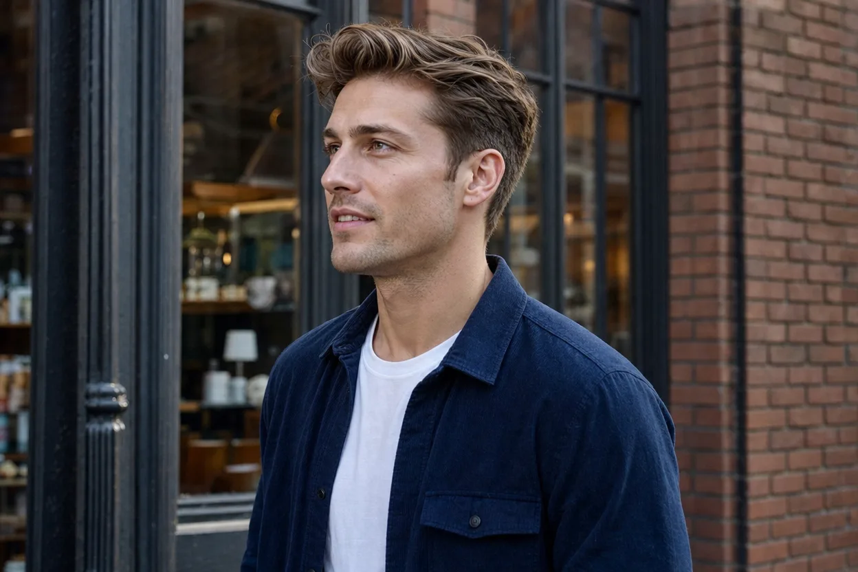 Young man on a brick city street with a light brown longer-on-top cut swept up and back and short scissor-cut sides