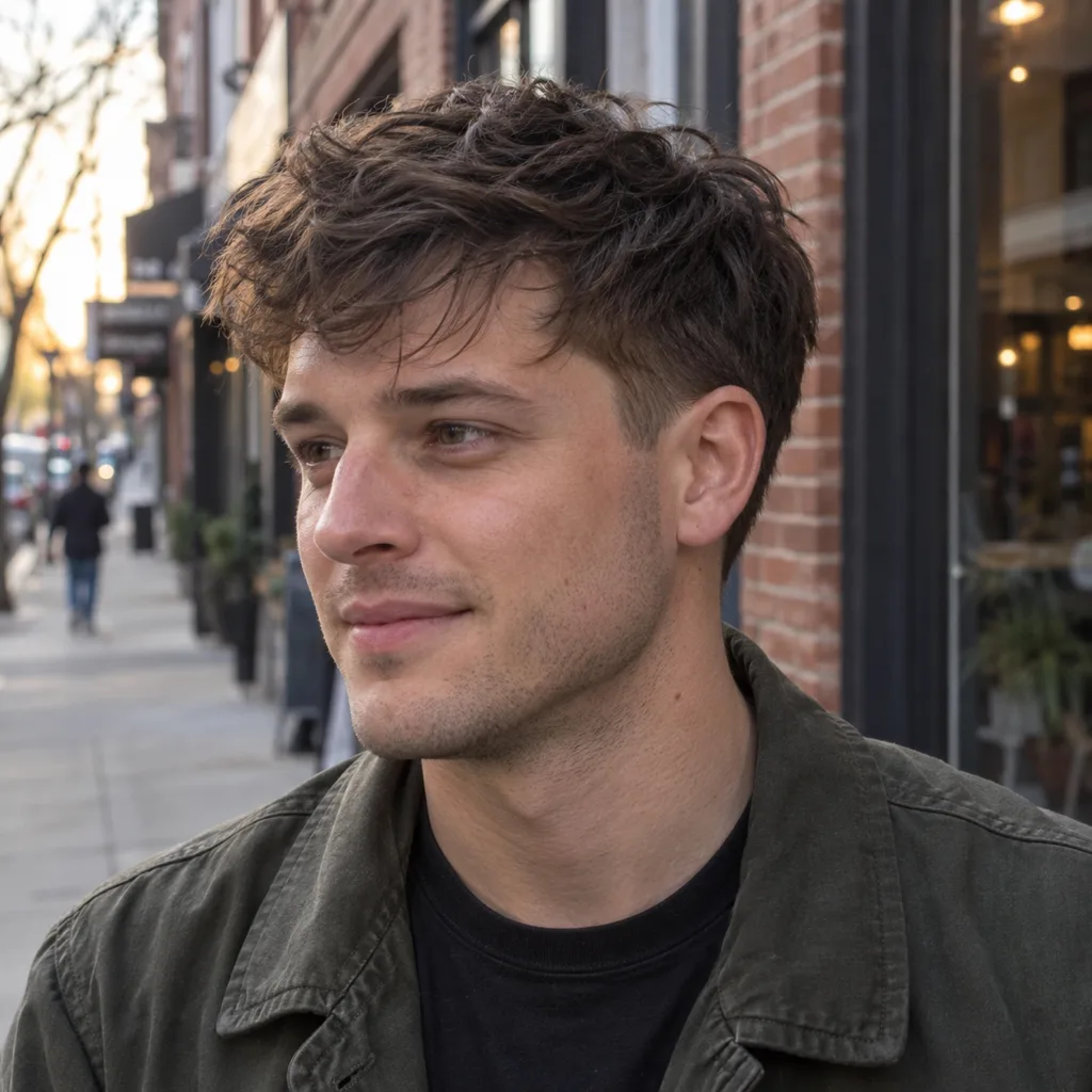 Young man on a city sidewalk with a mid brown low taper and a messy textured fringe falling forward