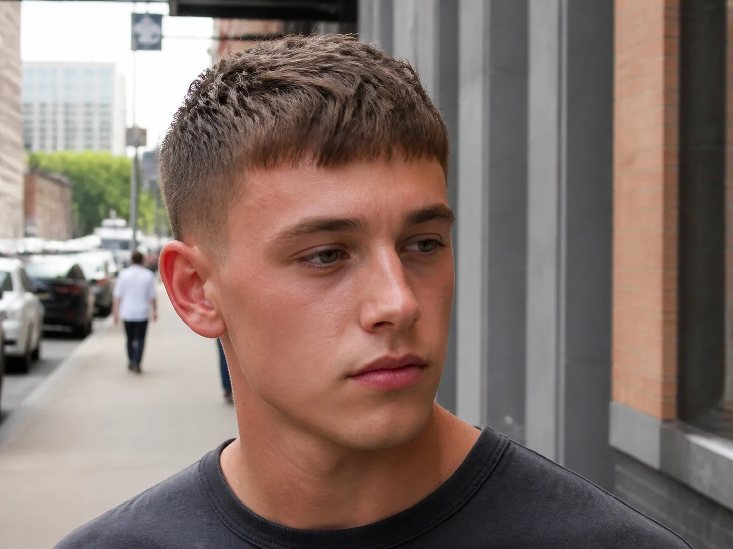 Young man on a city sidewalk with a textured crop, light brown hair pushed forward into a short blunt fringe with very short tapered sides