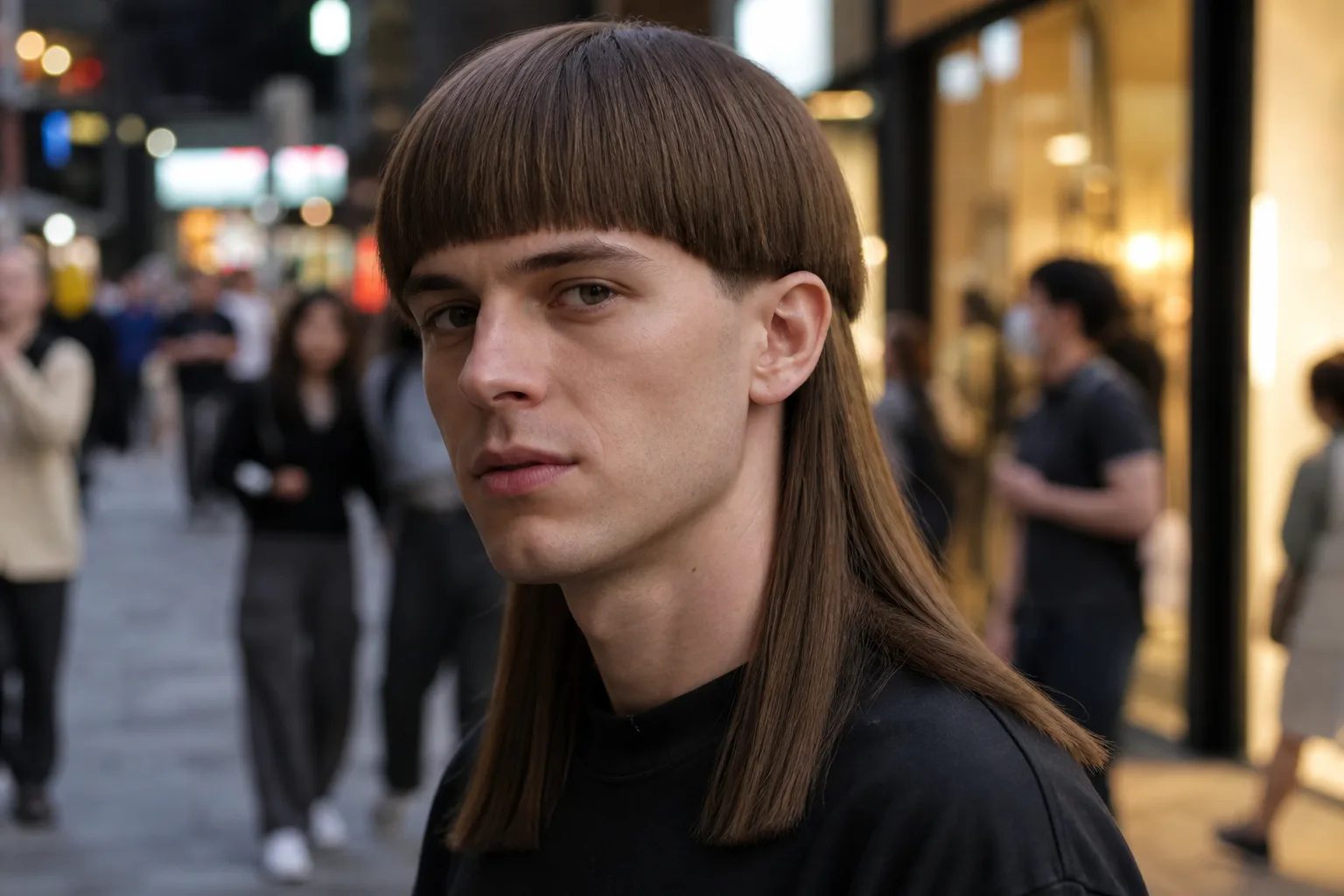 Young man on a city street at dusk with a blunt brown bowl cut ending at mid ear and much longer hair hanging past his shoulders