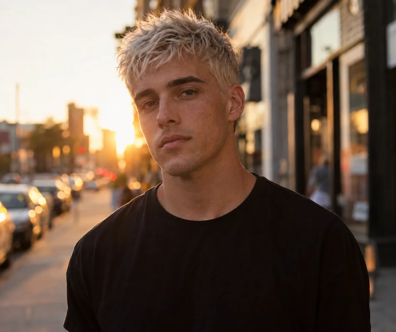 Young man on a city street at sunset with a messy bleached blonde textured crop