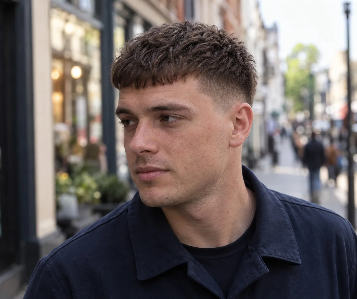 Young man on a city street with a textured crop and a mid fade