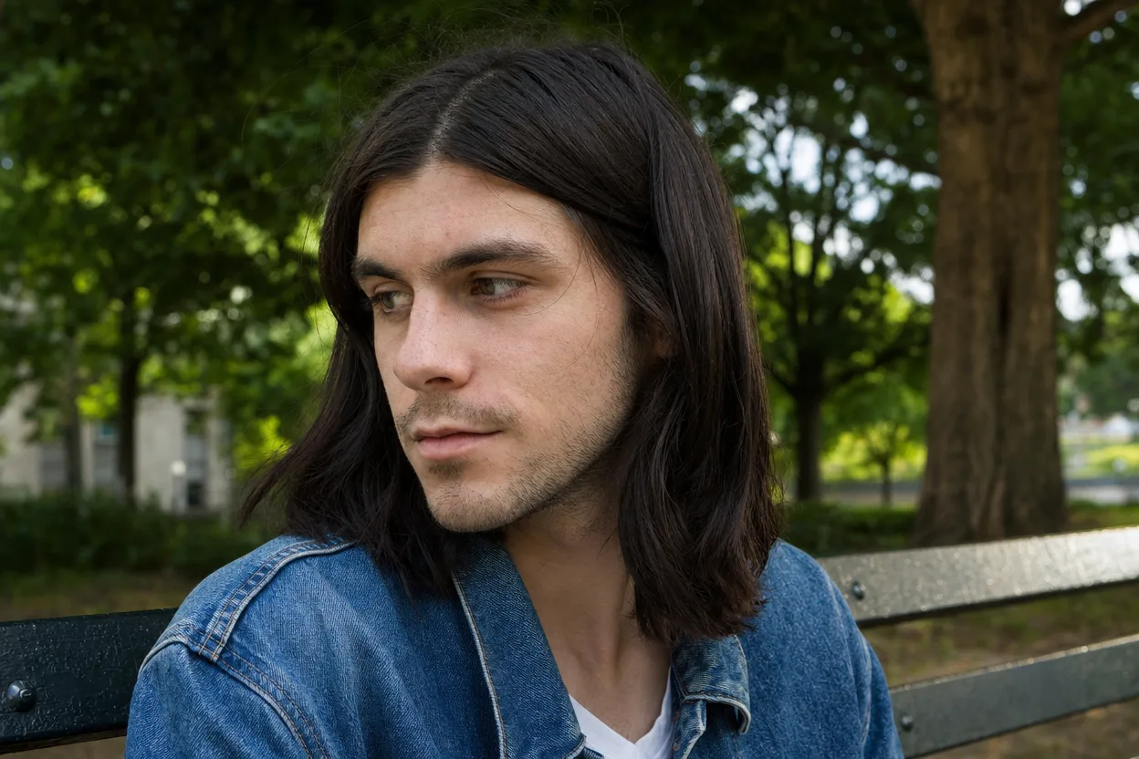 Young man on a park bench with straight black shoulder-length hair and a center part