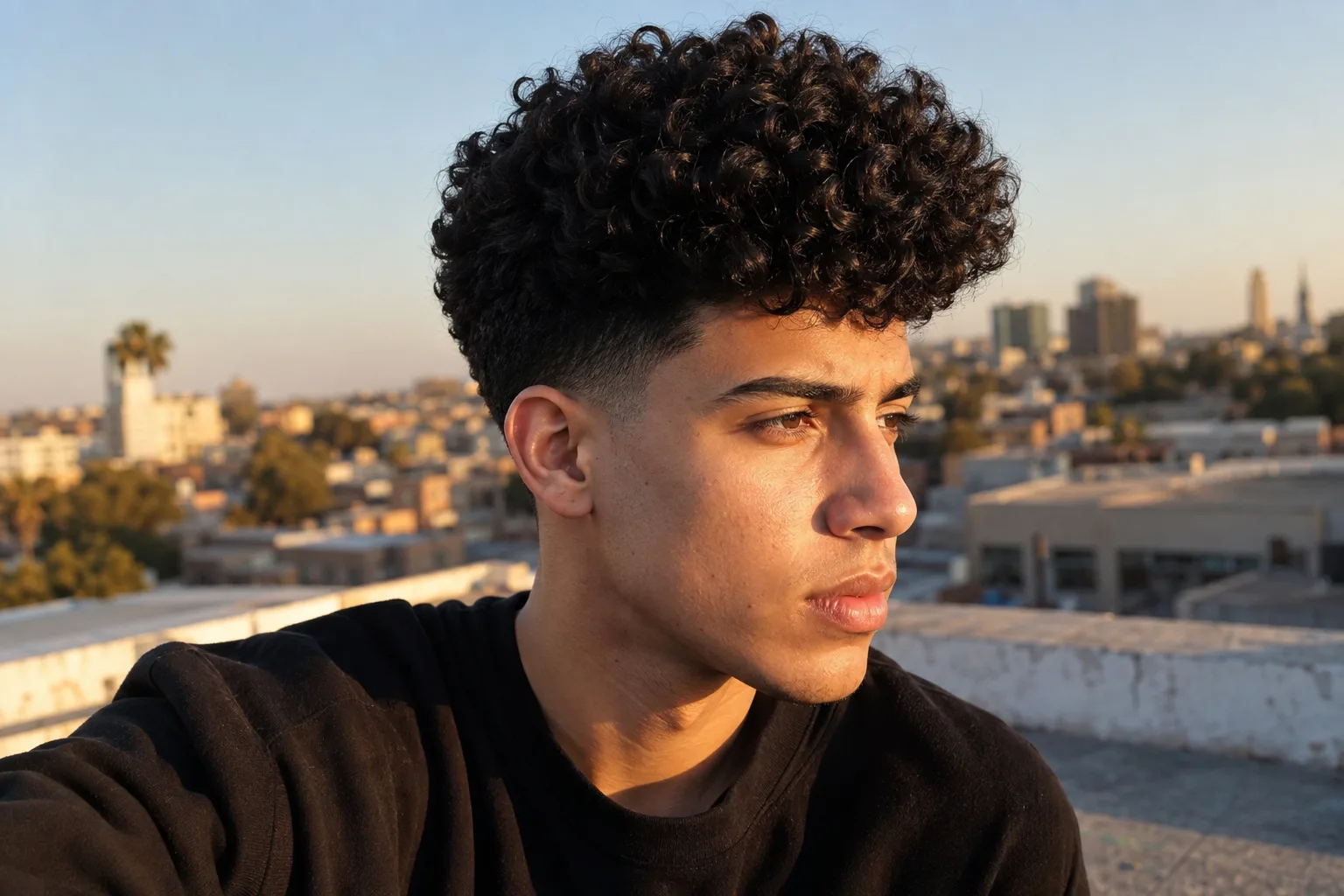 Young man on a rooftop at sunset with a tall rounded mass of curls above short tapered sides