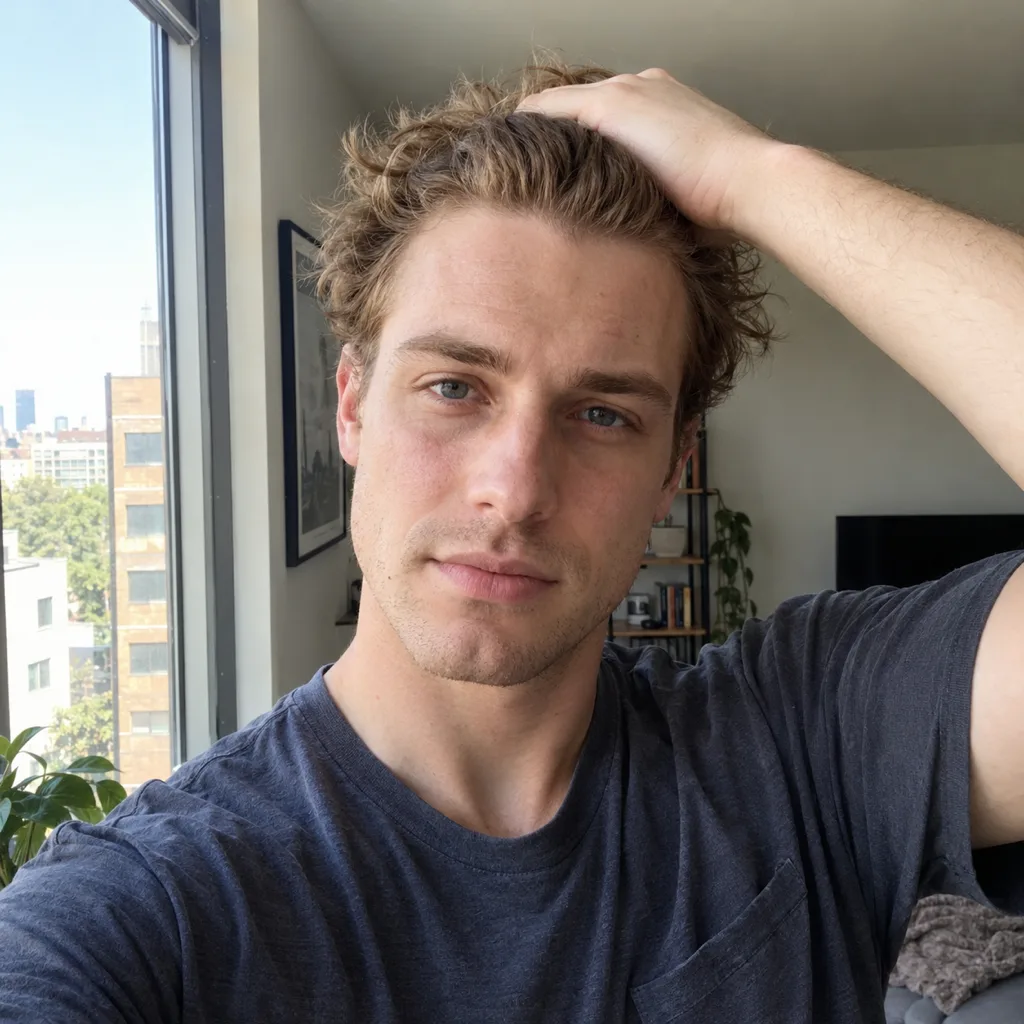 Young man taking a selfie by a bright window while pushing his hair off his forehead