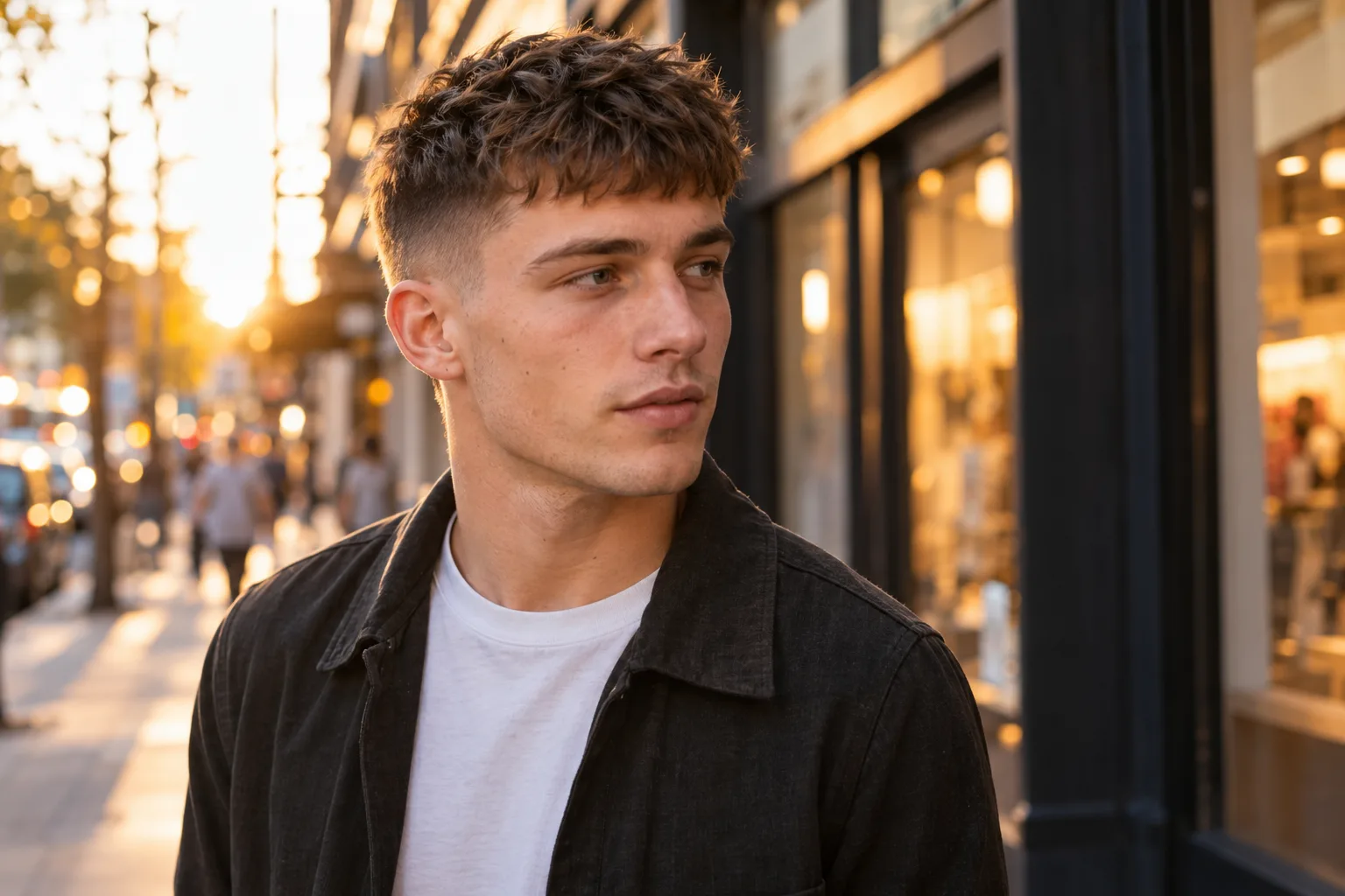 Young man with a brown textured crop and a mid fade walking past shop windows at golden hour