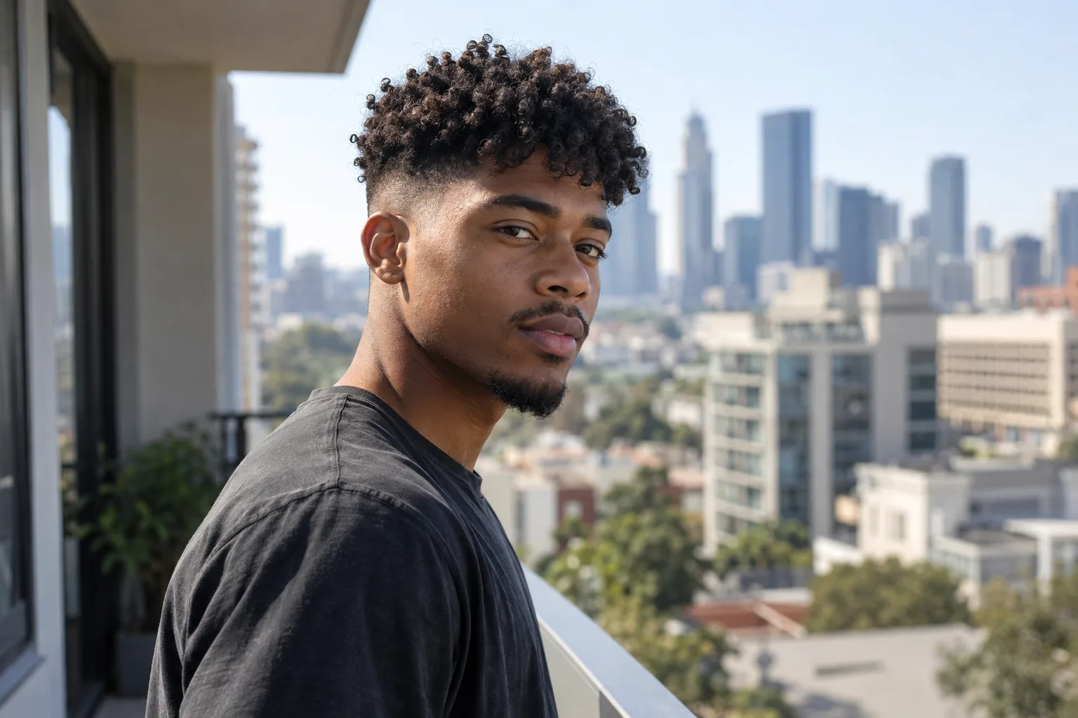 Young man with a curly crop over a high skin fade on a balcony above a city skyline