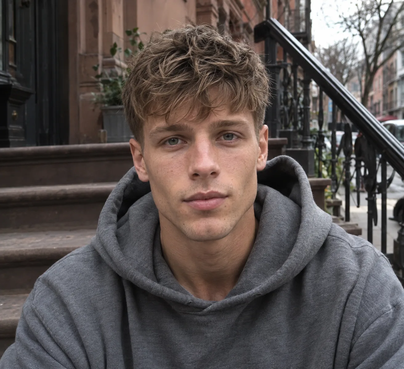 Young man with a diamond-shaped face and a messy dirty blonde fringe crop, sitting on brownstone steps
