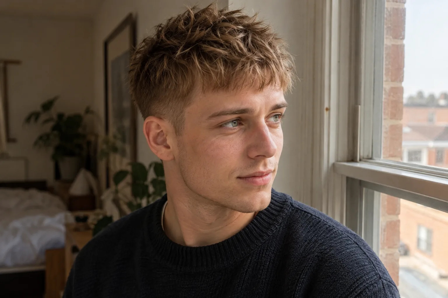 Young man with a dirty blonde choppy textured crop pushed forward, by an apartment window