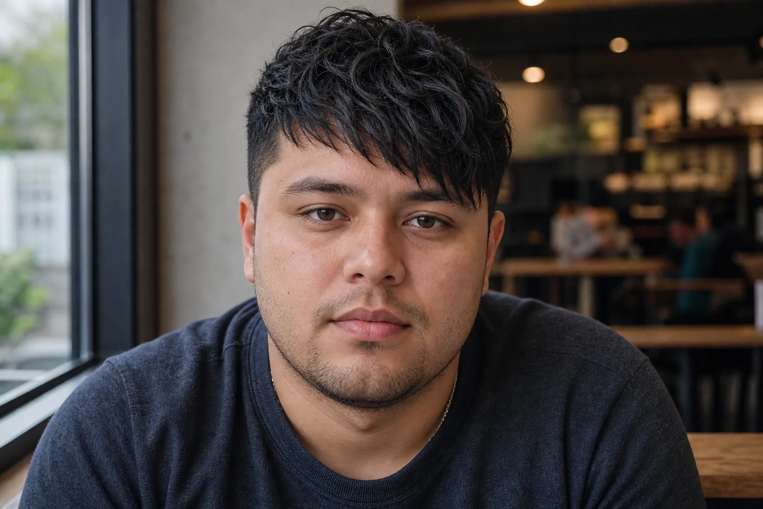 Young man with a full round face and dark wavy hair wearing a textured fringe cut on a diagonal with height at the front and short sides, sitting by a cafe window