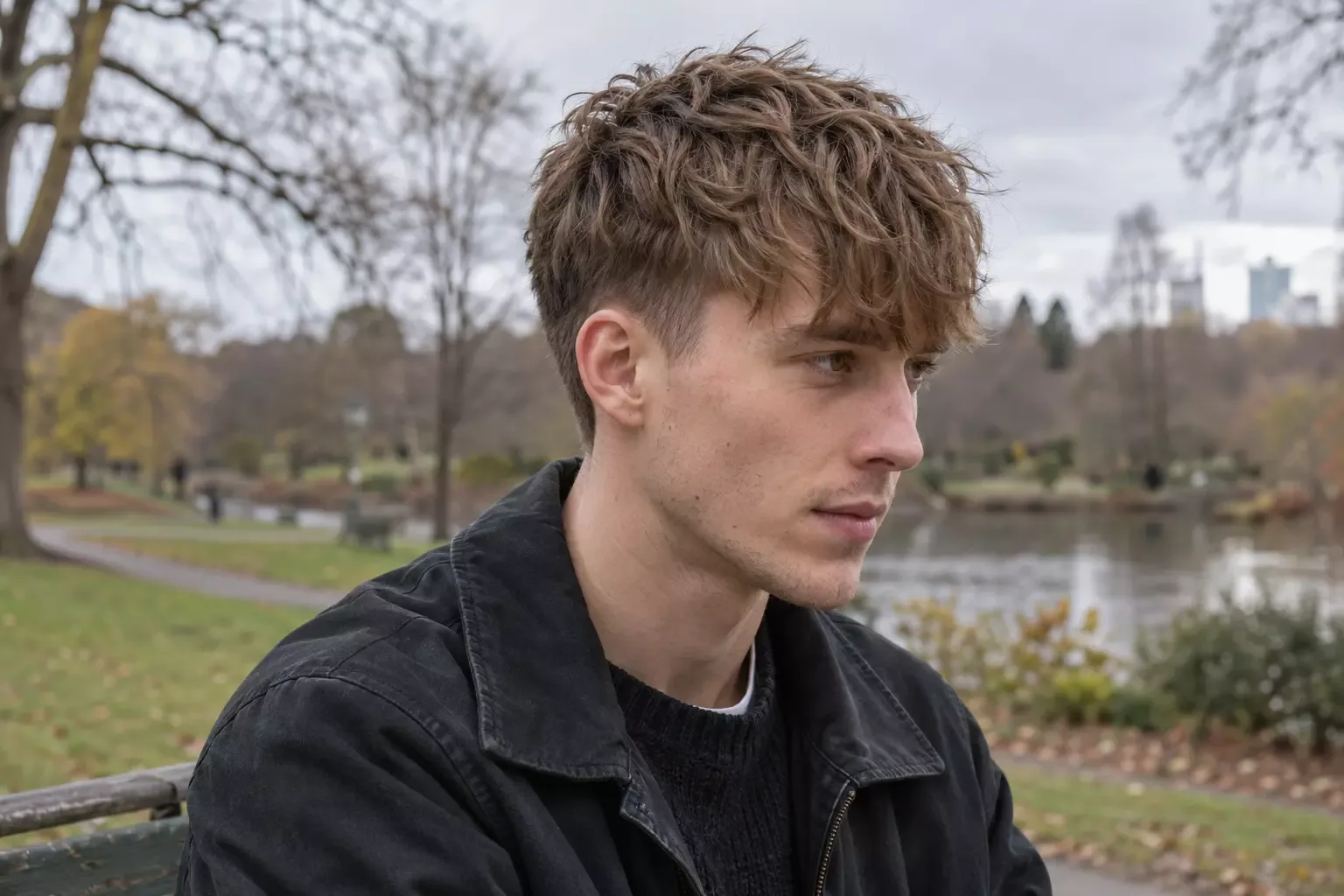 Young man with a long narrow face and a light brown heavy textured fringe to the eyebrows, sitting in a park by a lake
